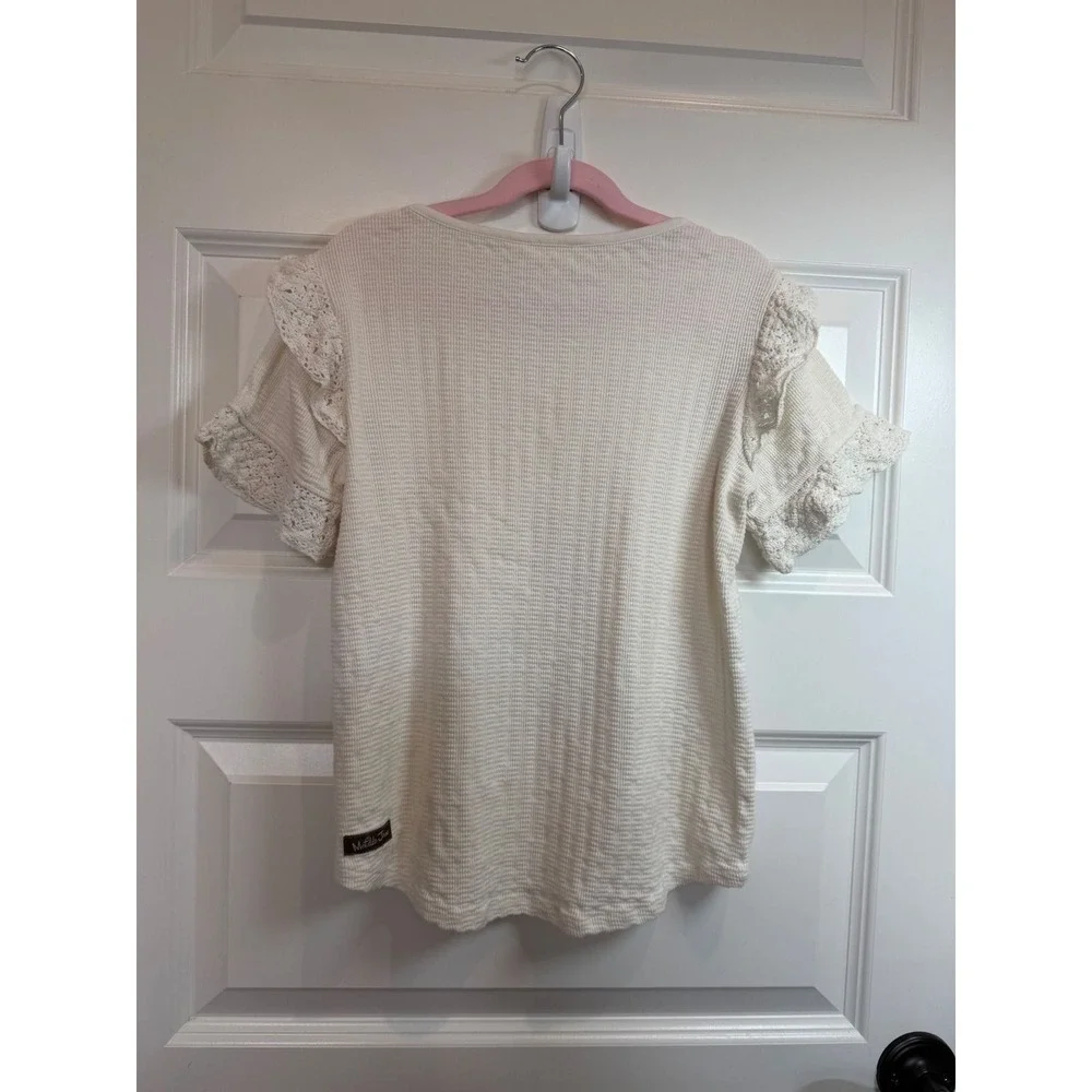 3. Matilda Jane Girls Cream Waffle Knit Crochet Lace Ruffle Short Sleeve Top 10